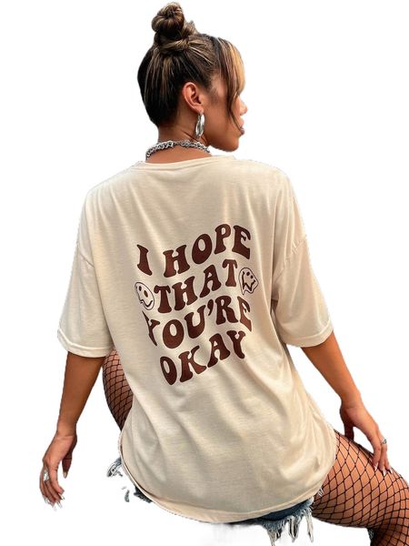 slogan & cartoon face print drop shoulder tee l7vi#, White
slogan & cartoon face print drop shoulder tee l7vi#, White