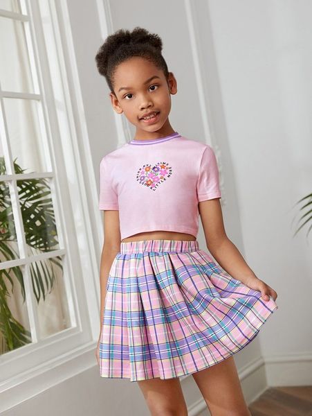 girls floral & slogan graphic tee and tartan skirt set she, White 
girls floral & slogan graphic tee and tartan skirt set she, White