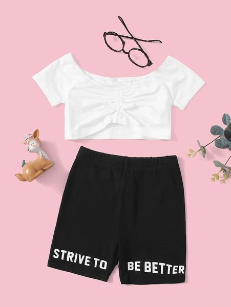 toddler girls drawstring ruched & slogan graphic shorts she, White 
toddler girls drawstring ruched & slogan graphic shorts she, White