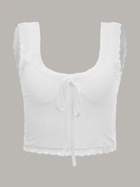 scoop neck knot front scallop lace trim crop tank 6503#, White