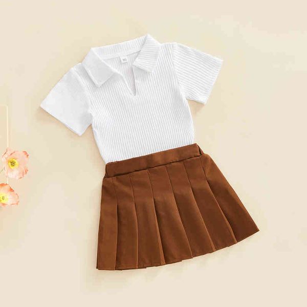 citgeett summer kids girls skirt suit white v neck short sleeve ribbed and brown pleated skirt clothing set j220711
citgeett summer kids girls skirt suit white v neck short sleeve ribbed and brown pleated skirt clothing set j220711