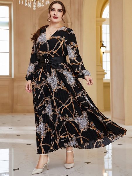 plus chain & leopard print lantern sleeve pleated hem belted dress e2la#, Black
plus chain & leopard print lantern sleeve pleated hem belted dress e2la#, Black