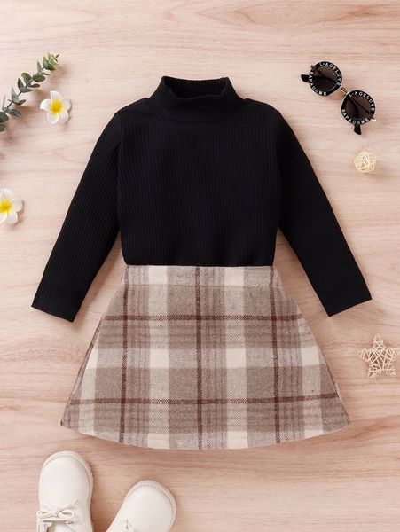 toddler girls solid rib-knit tee & plaid skirt she, White