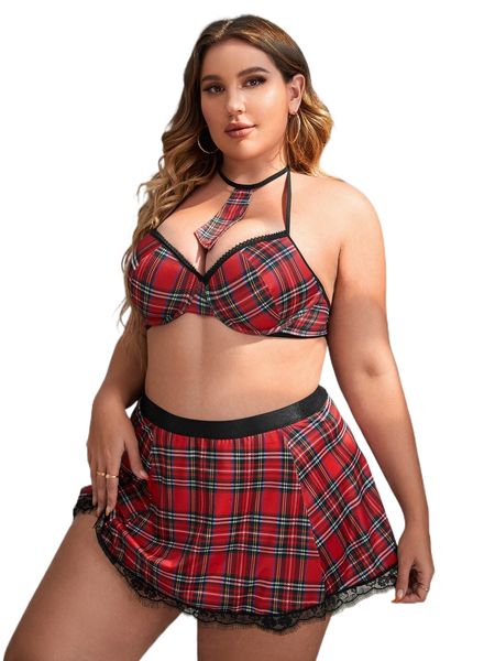 plus 3pack tartan contrast lace underwire school girl costume set f4cj#, Black;white
plus 3pack tartan contrast lace underwire school girl costume set f4cj#, Black;white
