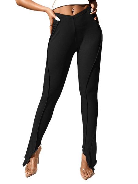 stitching slant pocket asymmetrical hem pants v6zv#, Black;white 
stitching slant pocket asymmetrical hem pants v6zv#, Black;white