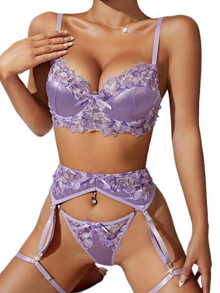 embroidery underwire garter lingerie set with 1pair leg ring c58o#, Black;red