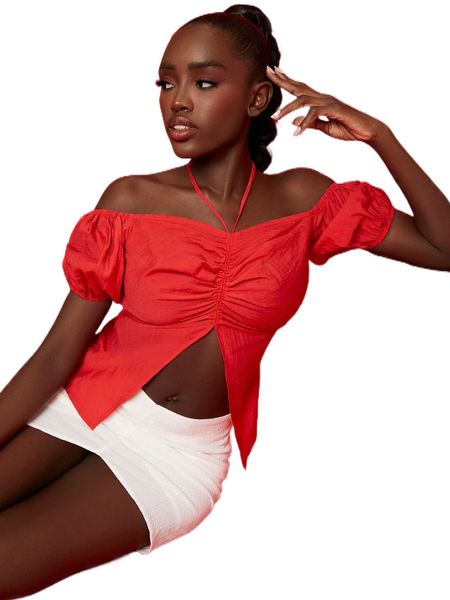 newness drawstring tie back split hem blouse a6p3#, White 
newness drawstring tie back split hem blouse a6p3#, White