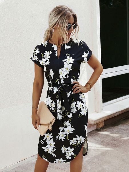 notched neck floral print belted dress x0sj#, Black;gray
notched neck floral print belted dress x0sj#, Black;gray