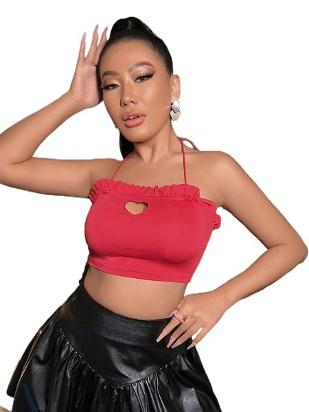 cut out heart pattern ruffle trim crop halter t0tm#, White
cut out heart pattern ruffle trim crop halter t0tm#, White