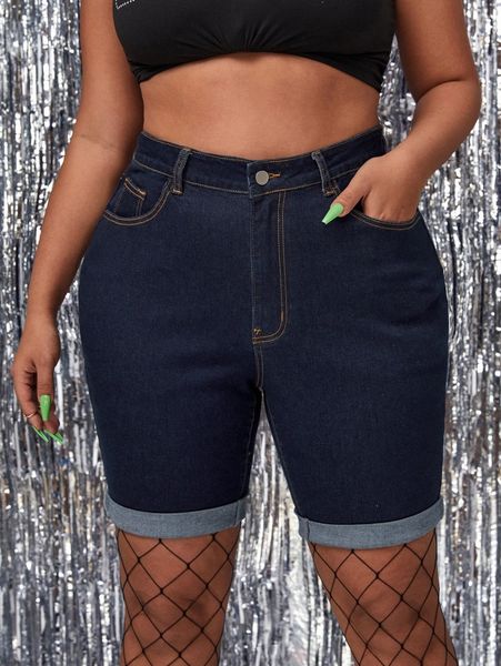 plus high waist roll hem denim shorts 98ew#, White;black