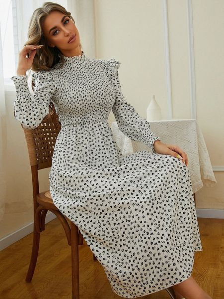 ditsy floral ruffle neck dress x2og#, Black;gray
