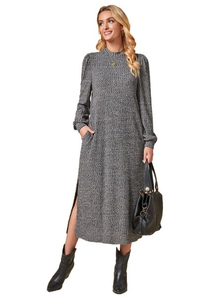 emery rose split hem slant pocket dress g07c#, Black;gray