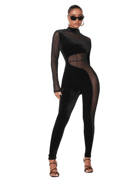 sxy keyhole neck mock neck sheer mesh insert velvet unitard jumpsuit y57s#, Black;white
sxy keyhole neck mock neck sheer mesh insert velvet unitard jumpsuit y57s#, Black;white