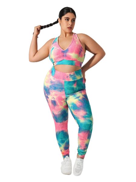 plus tie dye print honeycomb textured criss cross back sports set v60m#, Black
plus tie dye print honeycomb textured criss cross back sports set v60m#, Black