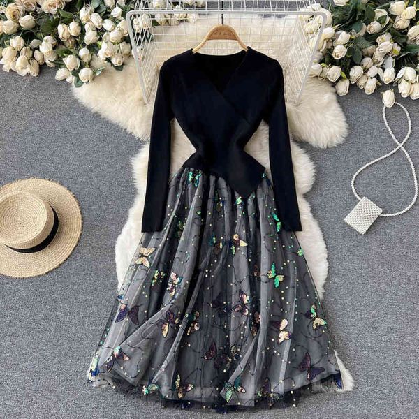 casual dresses french dress women's slim temperament long sleeved knitted patchwork floral embroidery mesh skirt fashion sv5e, Black;gray
casual dresses french dress women's slim temperament long sleeved knitted patchwork floral embroidery mesh skirt fashion sv5e, Black;gray