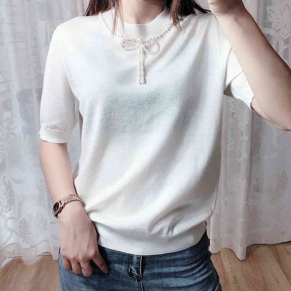 women's knits & tees pearl bow knot nail bead spring and summer thin middle sleeve round neck heavy industry neckline decoration women&, White
women's knits & tees pearl bow knot nail bead spring and summer thin middle sleeve round neck heavy industry neckline decoration women&, White