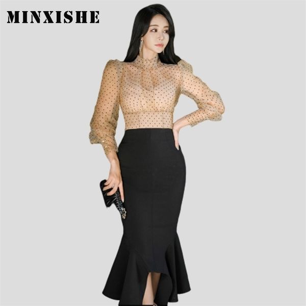 2 piece set women polka dot perspective korean mesh and midi sheath mermaid ruffles skirt two piece outfits minxishe t200608, White
2 piece set women polka dot perspective korean mesh and midi sheath mermaid ruffles skirt two piece outfits minxishe t200608, White