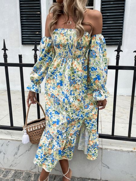 floral print off shoulder shirred flounce sleeve split ruffle hem dress g5pg#, Black;gray
floral print off shoulder shirred flounce sleeve split ruffle hem dress g5pg#, Black;gray