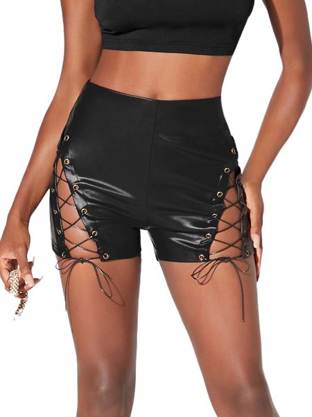 bae grommet lace up front pu leather shorts 33k3#, White;black