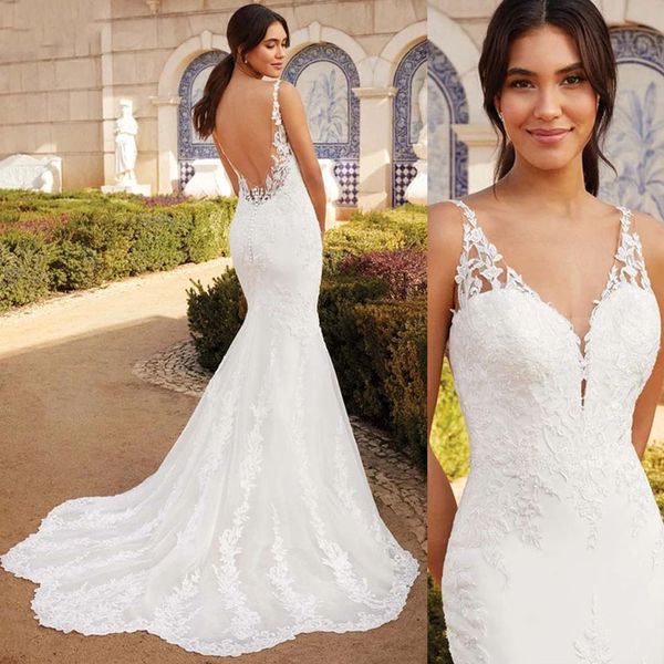 v-neck mermaid wedding dress 2022 boho backless lace bride gown customized vestido de novia, White 
v-neck mermaid wedding dress 2022 boho backless lace bride gown customized vestido de novia, White