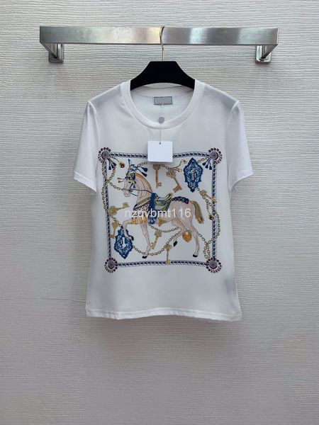 women's t-shirt spring galloping horse chain printed front silk stitched back cotton round neck short sleeve t-shirt, White
women's t-shirt spring galloping horse chain printed front silk stitched back cotton round neck short sleeve t-shirt, White