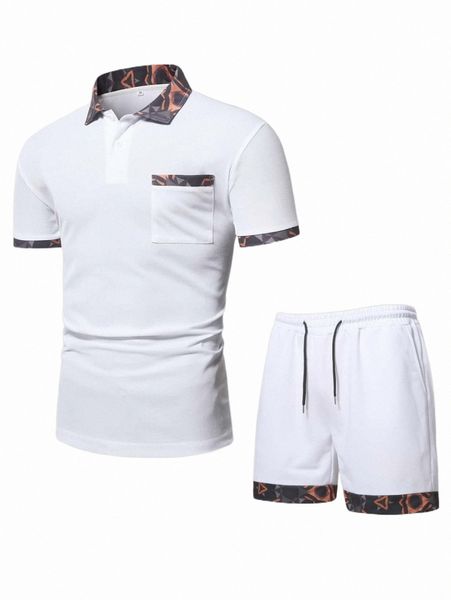 men geo print patched pocket polo shirt & drawstring waist shorts s3gv#, Gray
men geo print patched pocket polo shirt & drawstring waist shorts s3gv#, Gray