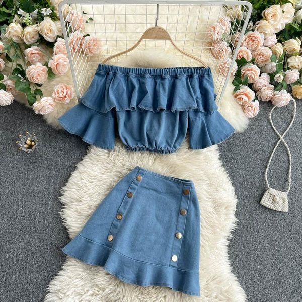 work dresses denim suit 2022 women's lotus leaf off shoulder short and high waist skirt trendy 2pcs set, White;black
work dresses denim suit 2022 women's lotus leaf off shoulder short and high waist skirt trendy 2pcs set, White;black