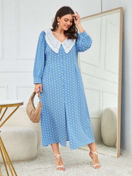 plus polka dot eyelet embroidery statement collar puff sleeve dress 584m#, Black