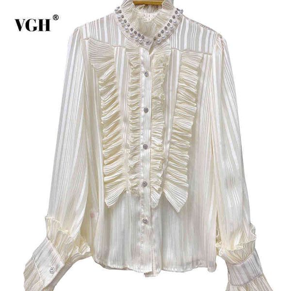 patchwork ruffle white blouse for women stand collar long sleeve ruched pearls temperament shirt female autumn style 210507
patchwork ruffle white blouse for women stand collar long sleeve ruched pearls temperament shirt female autumn style 210507