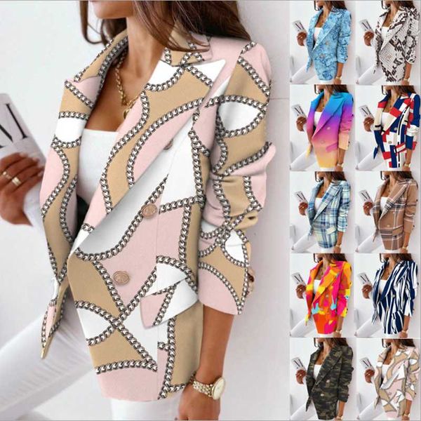 women fashion print double breasted blazer coat vintage collar long sleeve flap pockets female outerwear, White;black
women fashion print double breasted blazer coat vintage collar long sleeve flap pockets female outerwear, White;black