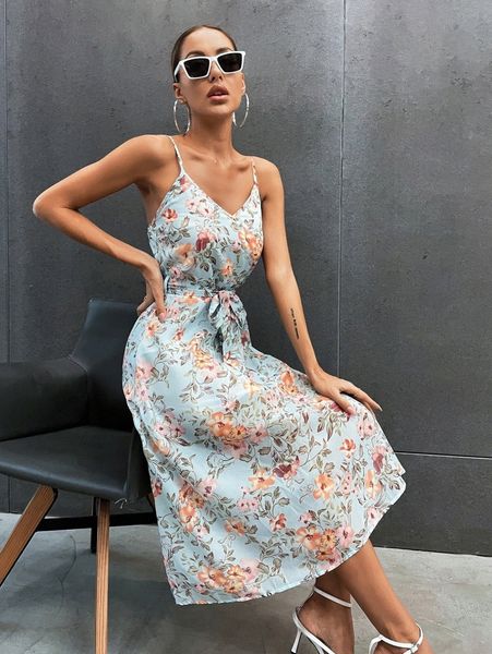 allover floral tie front backless cami dress 16sw#, Black;gray
