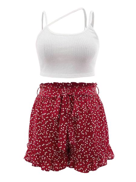 plus solid cami & confetti heart print paperbag waist belted shorts b9if#, Black 
plus solid cami & confetti heart print paperbag waist belted shorts b9if#, Black