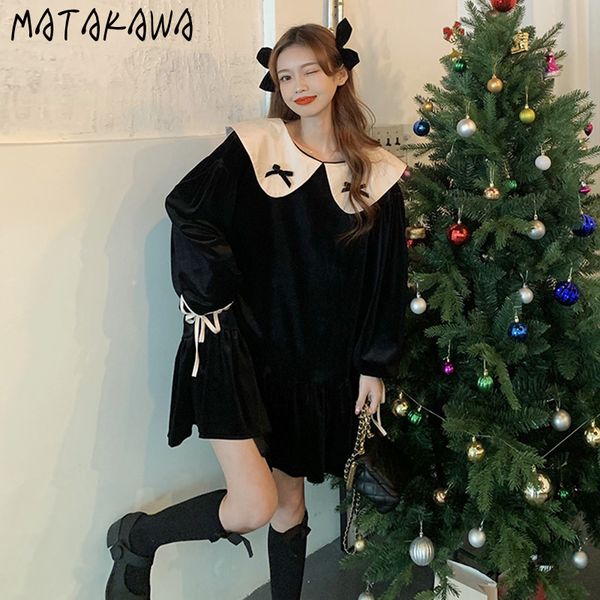 black velvet dress womens spring cute peter pan collar femme robe loose temperament vestido 210506, Black;gray
black velvet dress womens spring cute peter pan collar femme robe loose temperament vestido 210506, Black;gray