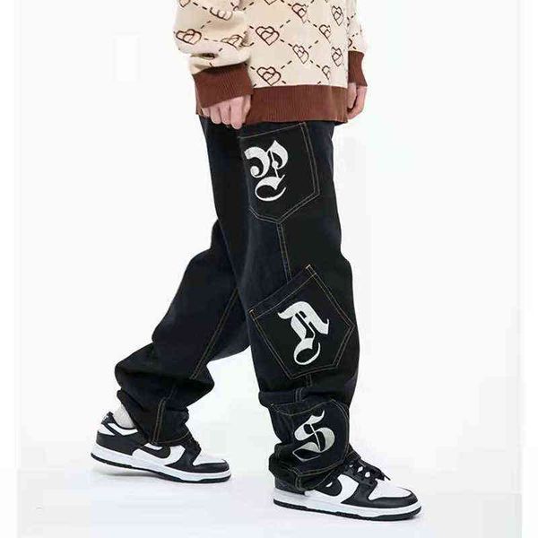retro letter embroidery pockets washed black jeans pants mens and womens ripped straight oversized casual denim trousers t220803, Blue
retro letter embroidery pockets washed black jeans pants mens and womens ripped straight oversized casual denim trousers t220803, Blue