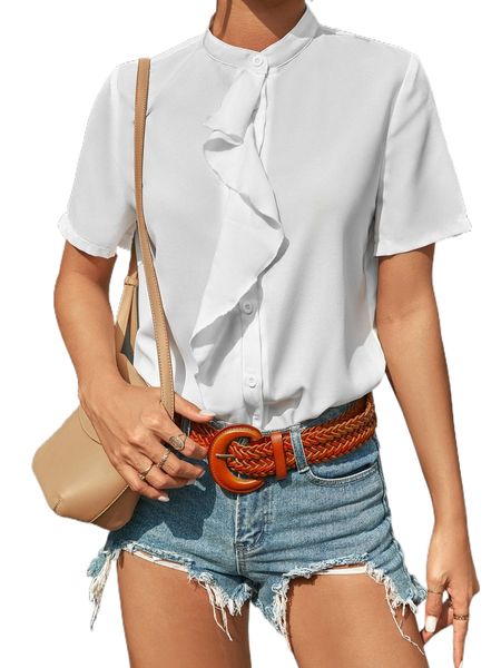 ruffle trim button front blouse e146#, White
ruffle trim button front blouse e146#, White