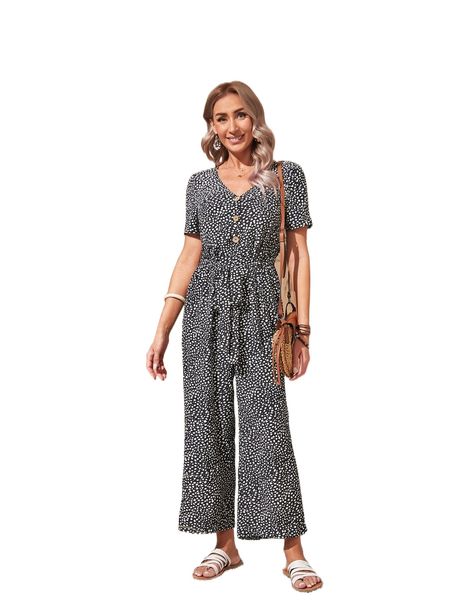 emery rose dalmatian print button front belted jumpsuit y3vj#, Black;white 
emery rose dalmatian print button front belted jumpsuit y3vj#, Black;white