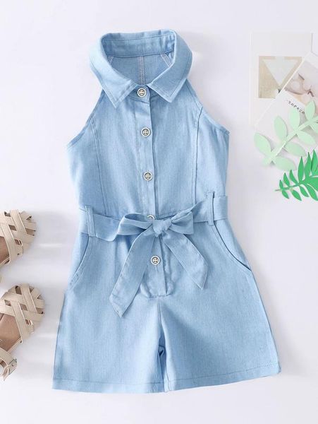 toddler girls half button halter neck belted romper she, Blue
toddler girls half button halter neck belted romper she, Blue