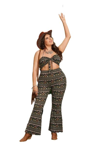 plus allover print tied backless crop & pants set u4ob#, Black
plus allover print tied backless crop & pants set u4ob#, Black