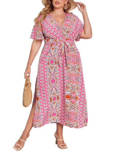 plus floral and geo print split thigh wrap belted dress q2ci#, Black