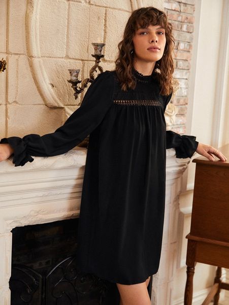 guipure lace insert flounce sleeve dress z7qk#, Black;gray