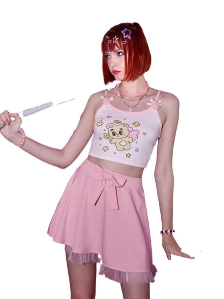 romwe anime cartoon graphic cami & bow mesh hem skirt g4k1#, White 
romwe anime cartoon graphic cami & bow mesh hem skirt g4k1#, White