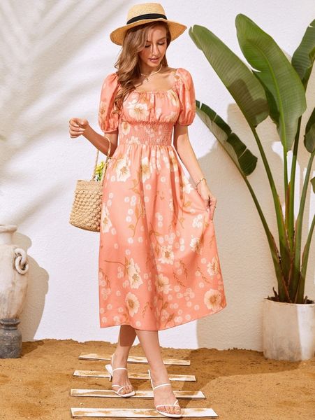 floral print puff sleeve shirred waist dress x5c1#, Black;gray