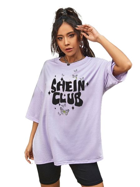 letter & butterfly print drop shoulder oversized tee p0pj#, White 
letter & butterfly print drop shoulder oversized tee p0pj#, White