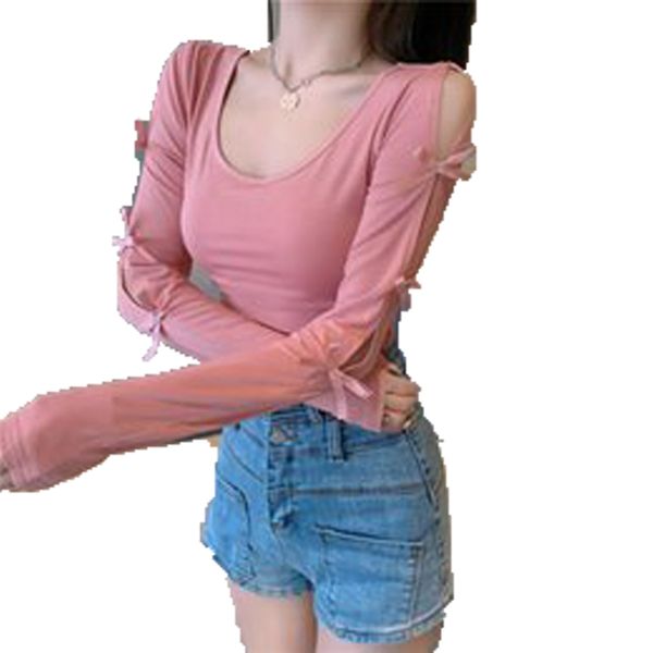 women's t-shirt girl solid color chic blouse women spring and autumn bowknot hollow long-sleeved casual bottoming, White
women's t-shirt girl solid color chic blouse women spring and autumn bowknot hollow long-sleeved casual bottoming, White