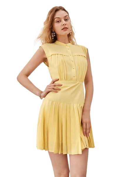 solid button front pleated dress k6bx#, Black;gray