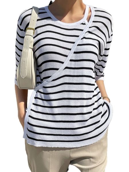 dazy-less striped pattern cut out contrast binding wrap knit z17w#, White;black