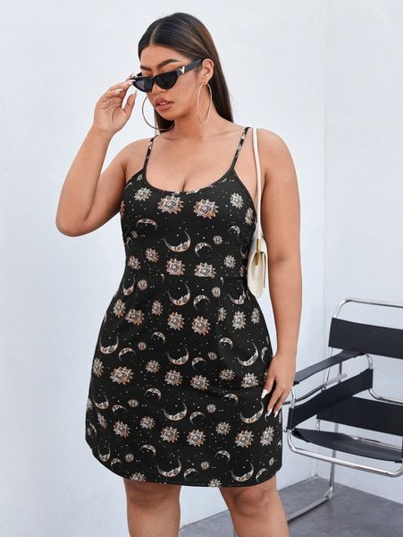 plus sun & moon print cami dress o3e5#, Black