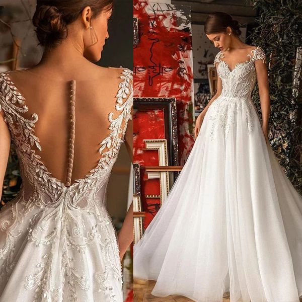 lace wedding dress 2022 a-line fashion v-neck illlusion bride gown with button for bride vestido de novia, White
lace wedding dress 2022 a-line fashion v-neck illlusion bride gown with button for bride vestido de novia, White