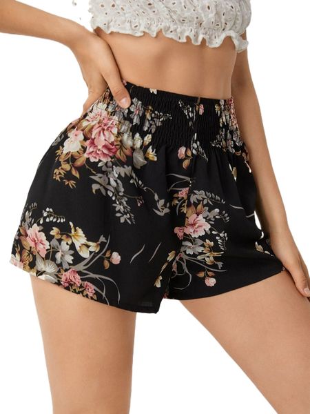 shirred waist floral shorts z59n#, White;black 
shirred waist floral shorts z59n#, White;black