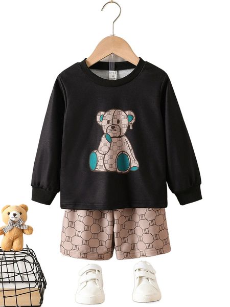 toddler boys bear print sweatshirt & shorts n079#, Black;white 
toddler boys bear print sweatshirt & shorts n079#, Black;white